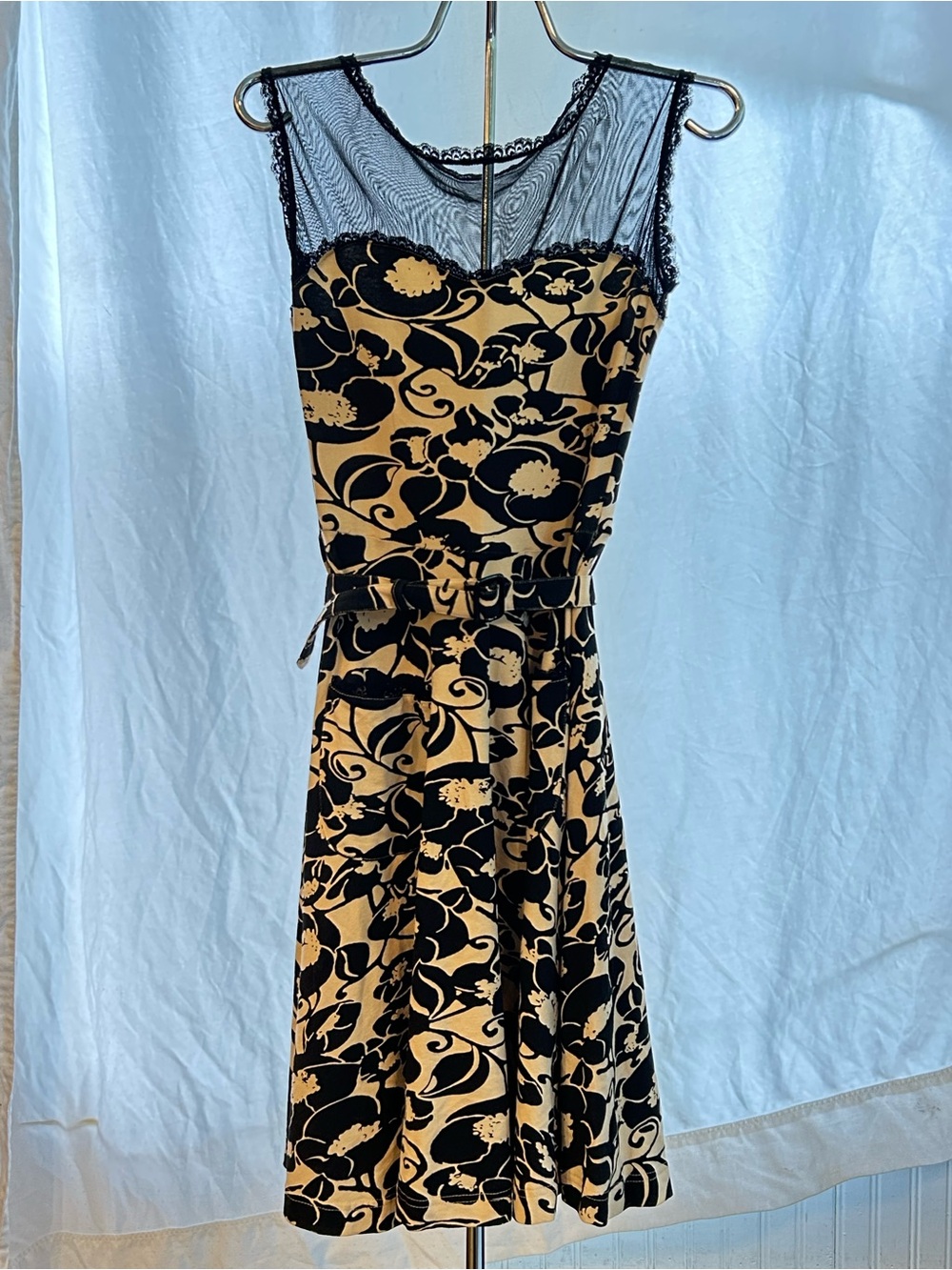 Effie's Heart Black and Tan Floral Mesh Yoke Midi Dress